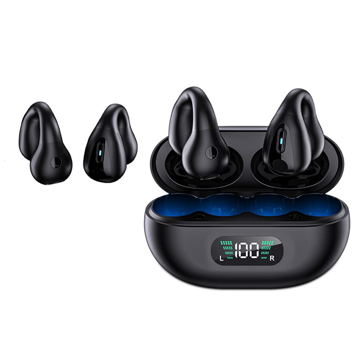 Wireless Ear Clip Skeleton Conduction Headphones Premium Open Ear Headphones Wireless Bluetooth Skeleton Conduction Bluetooth Earphones for Running Sports Cycling (Black Battery Display)