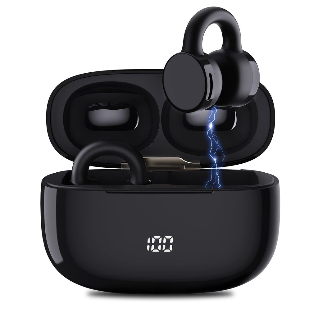 HOMSCAM Open Ear Clip Wireless Earbuds Bluetooth 5.3 Clip on Earbuds Lightweight Comfort Stable Fit Open Ear Headphones for Running Fitness 40H Play Built-in Mic Black
